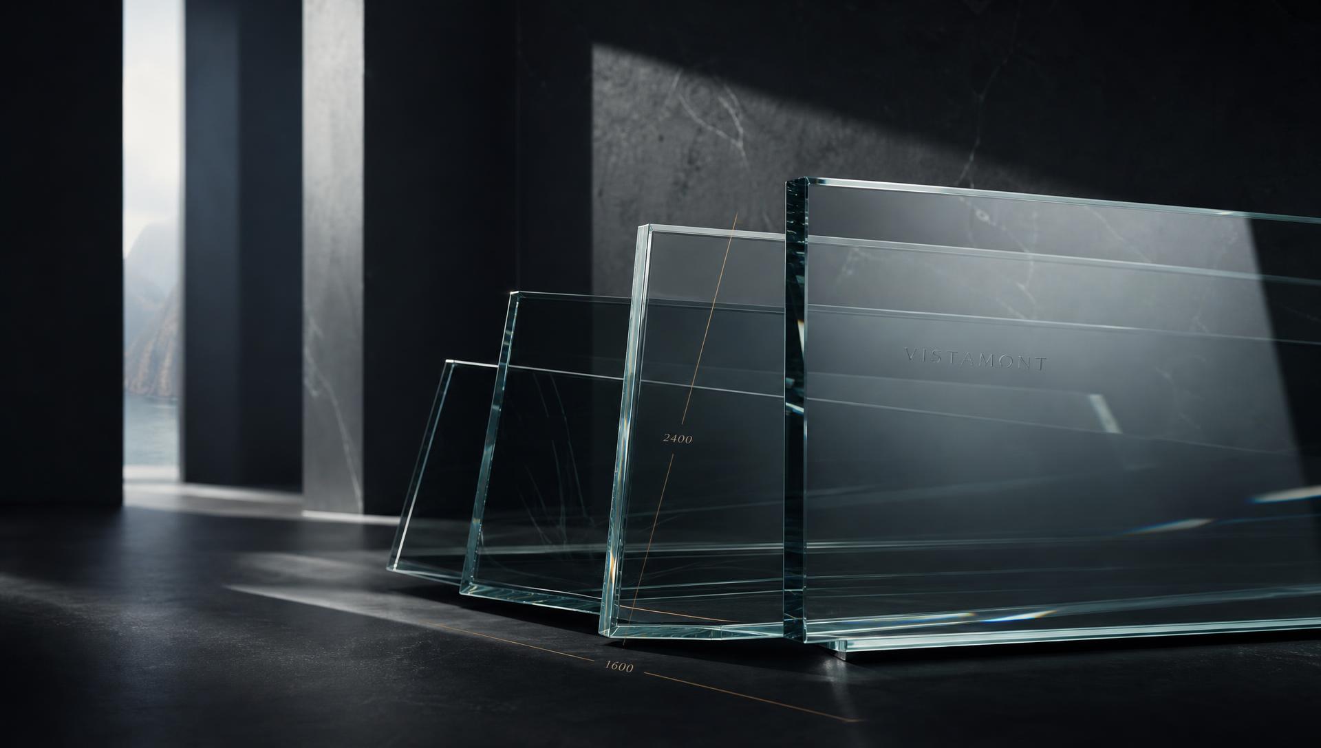 Grote glaspanelen op maat in een donkere architectonische ruimte